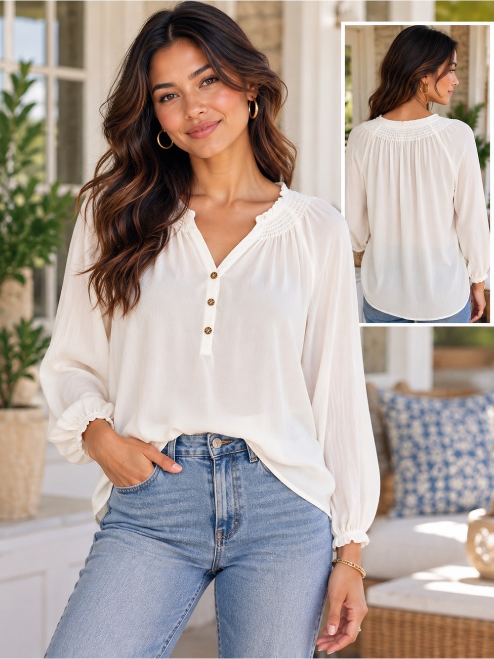 LILLY PULITZER Cream 100% Silk Gold Button Peasant Blouse Top XS